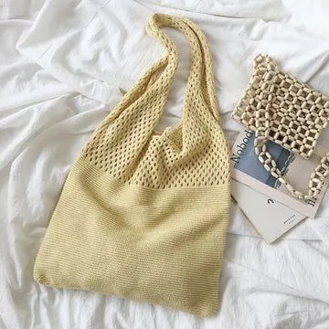 Boho Crochet Block Net Knitted Travel Tote Bags