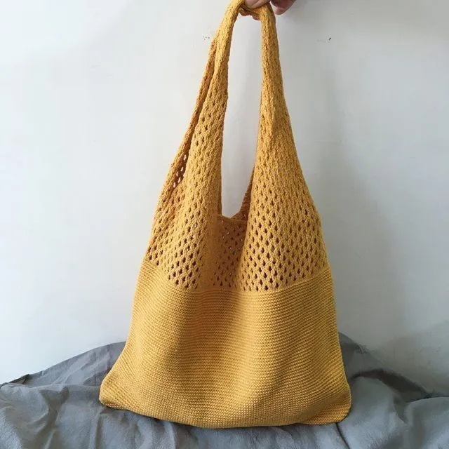 Boho Crochet Block Net Knitted Travel Tote Bags