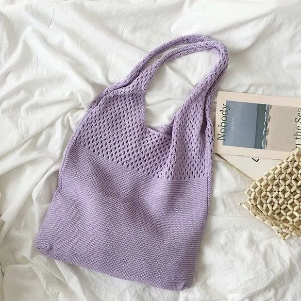 Boho Crochet Block Net Knitted Travel Tote Bags