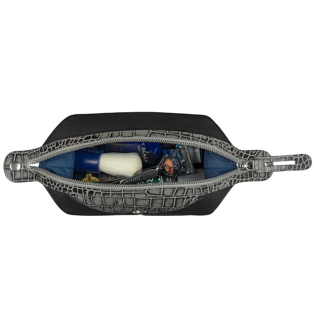 Bom Leather Toiletry / Shaving Kit Bag | For Carrying Grooming Essentials & Travel  | Color: croco Grey