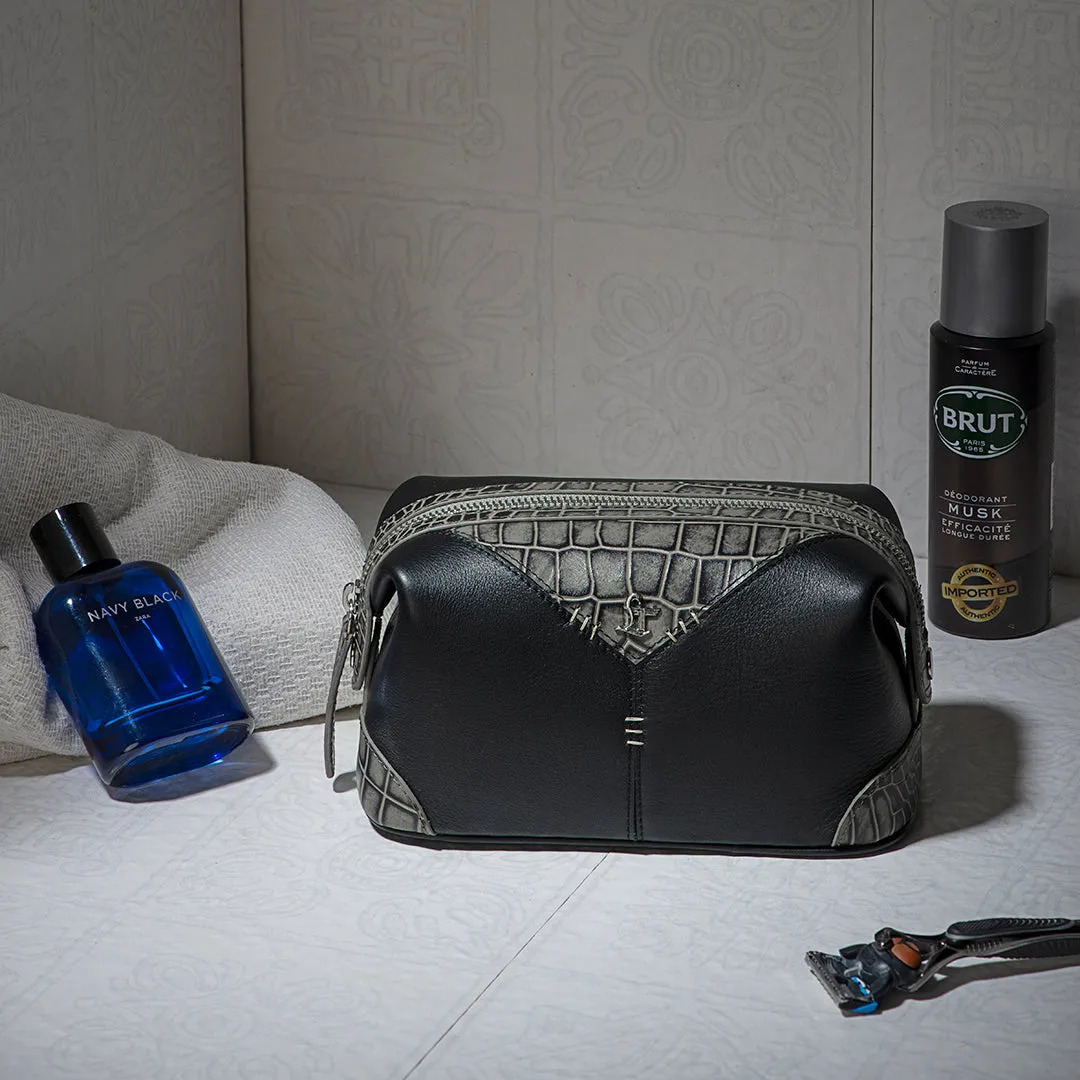 Bom Leather Toiletry / Shaving Kit Bag | For Carrying Grooming Essentials & Travel  | Color: croco Grey