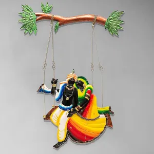 BPE Rajasthani Metal Radha and Krishna Riding on Jhul Iron Religious Wall Hanging, Wall Art, Wall Décor, Wall Sculptures | Decorative Wall Art (Multi Colored, 56.59 x 39.19 x 2.39 cm)