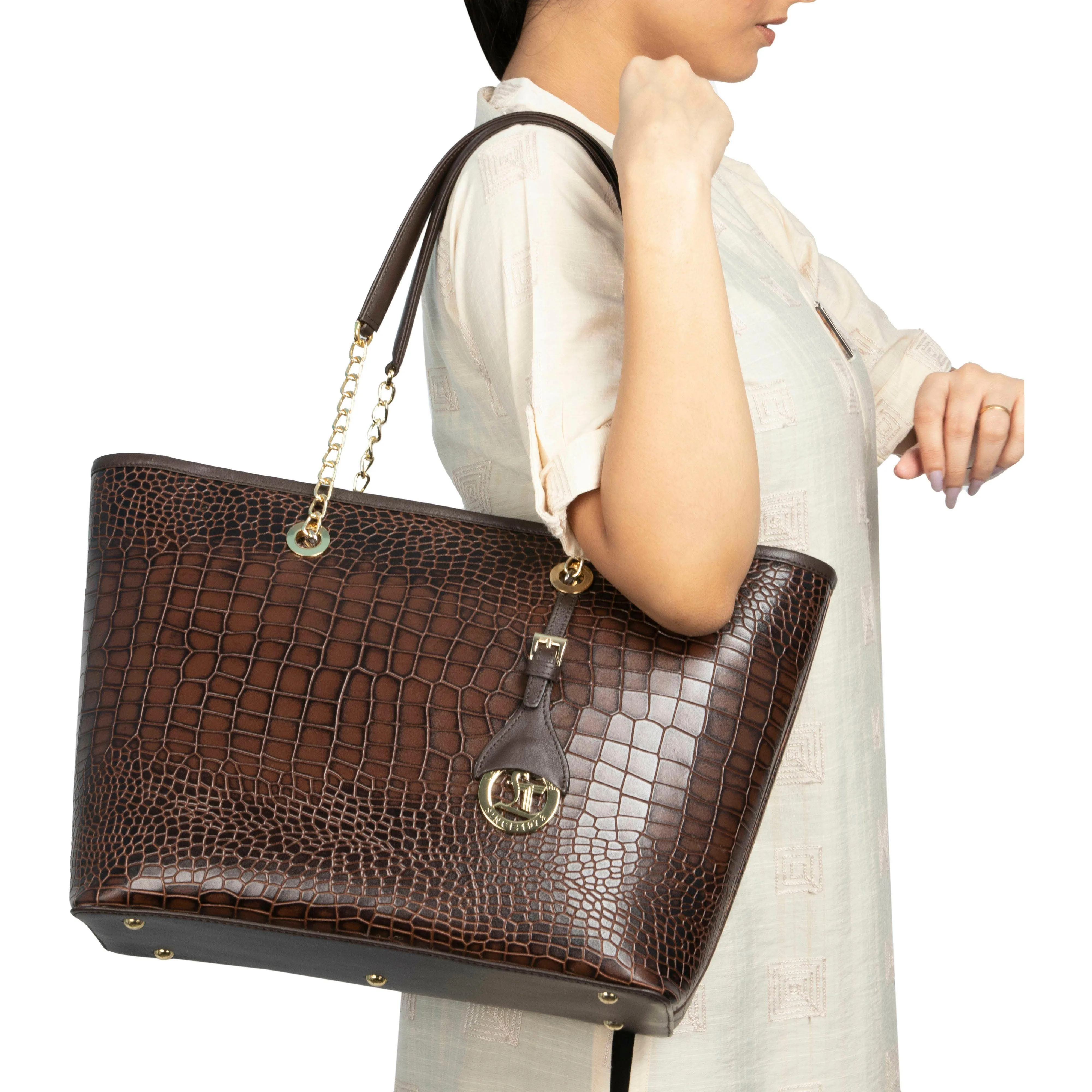 Claire II Tote Bag For Women | Croco Embossed Genuine Leather | Color: Blue, Red, Black & Brown