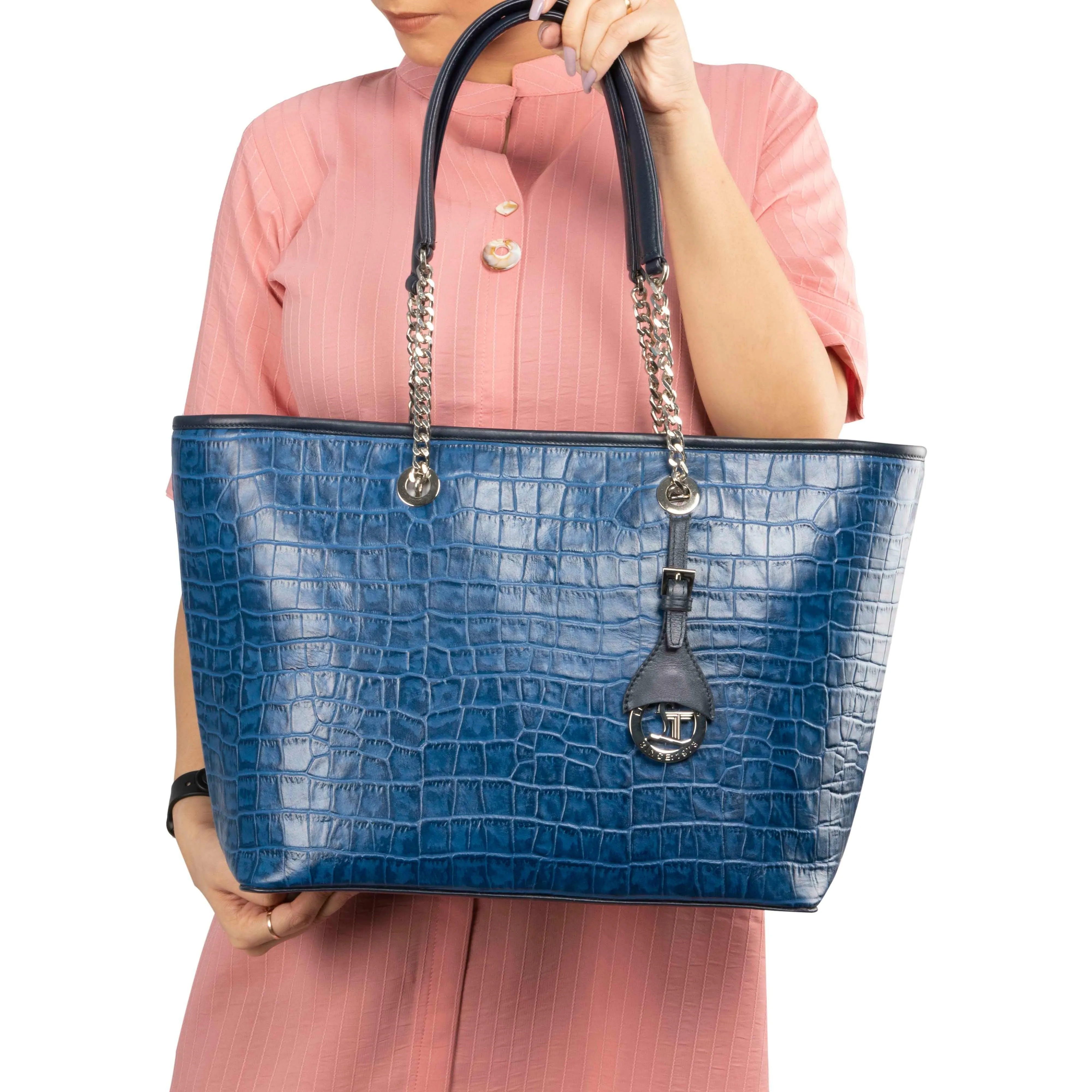 Claire II Tote Bag For Women | Croco Embossed Genuine Leather | Color: Blue, Red, Black & Brown