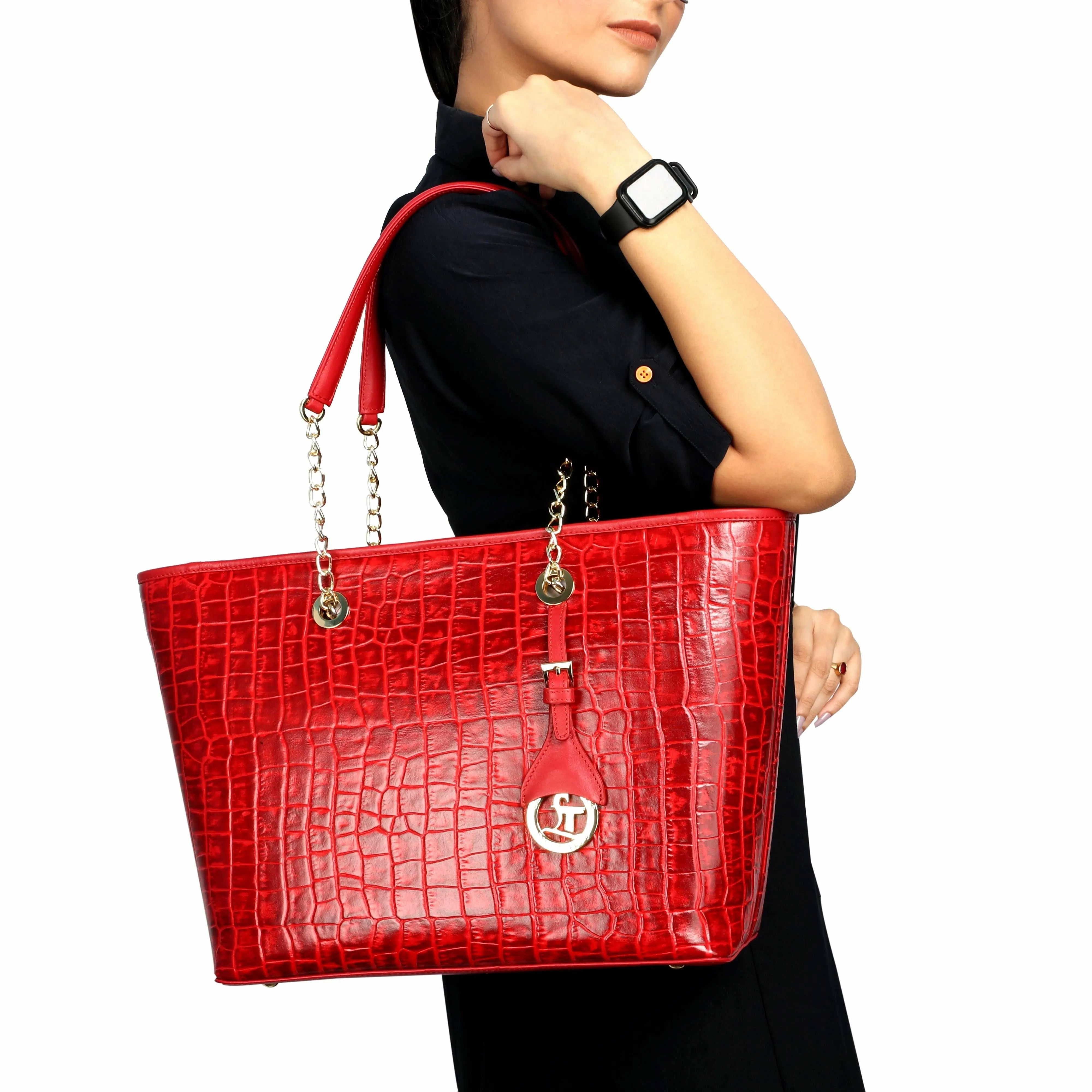 Claire II Tote Bag For Women | Croco Embossed Genuine Leather | Color: Blue, Red, Black & Brown