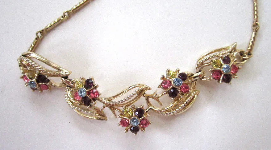 Coro Floral Pastel Rhinestone Gold-Tone Choker/Necklace