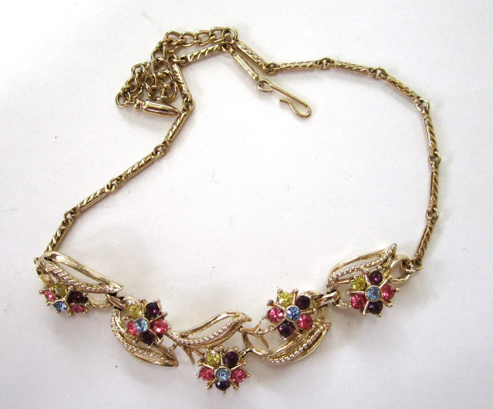 Coro Floral Pastel Rhinestone Gold-Tone Choker/Necklace