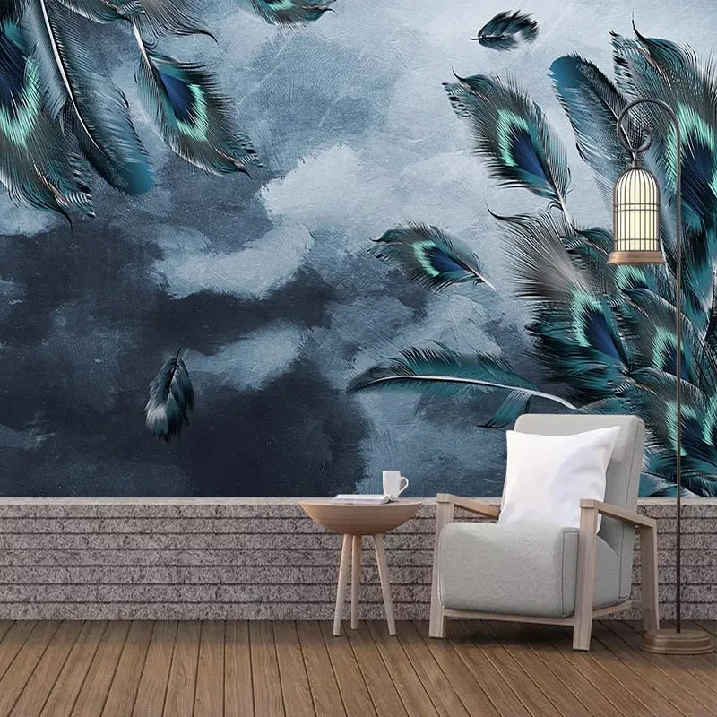 Custom Mural Wallpaper Blue Peacock Feather Art (㎡)