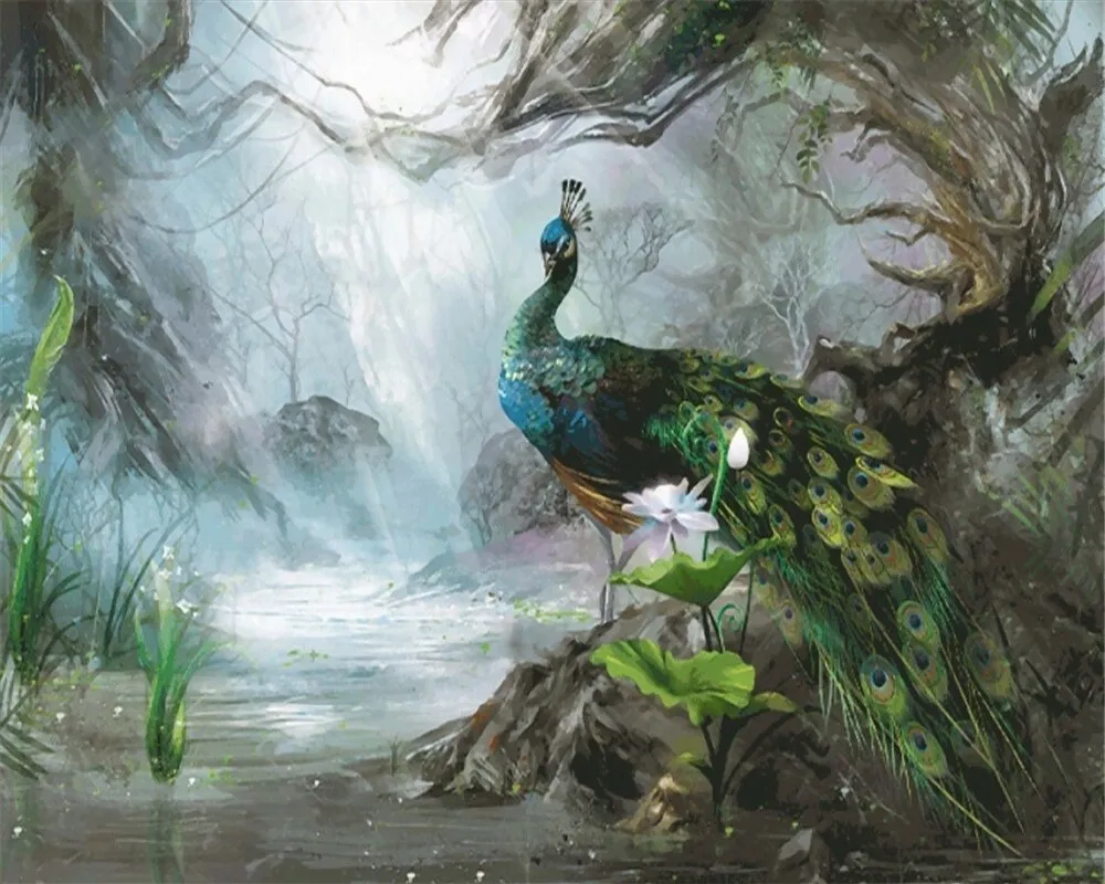 Custom Wallpaper Mural Beautiful Peacock in Dream Forest (㎡)