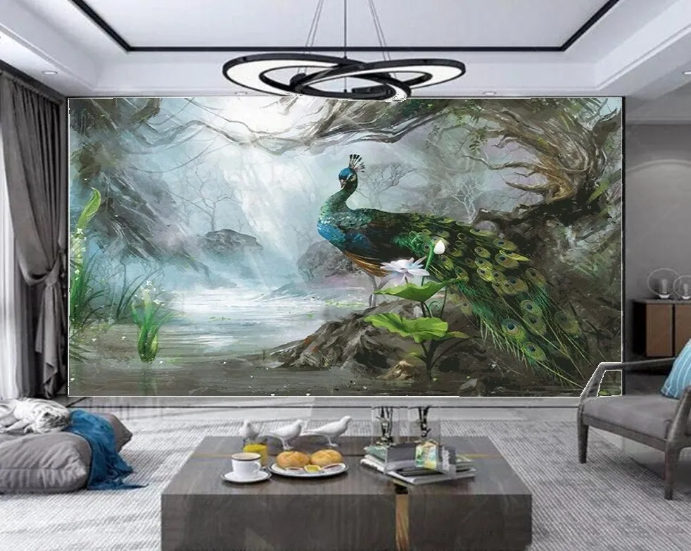 Custom Wallpaper Mural Beautiful Peacock in Dream Forest (㎡)