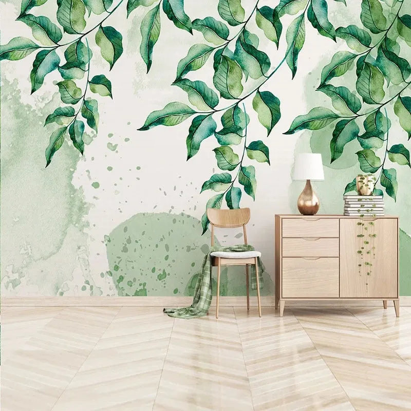 Custom Wallpaper Mural Hand Painted Watercolor Green Leaves (㎡)