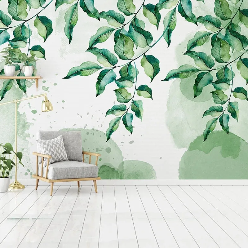 Custom Wallpaper Mural Hand Painted Watercolor Green Leaves (㎡)