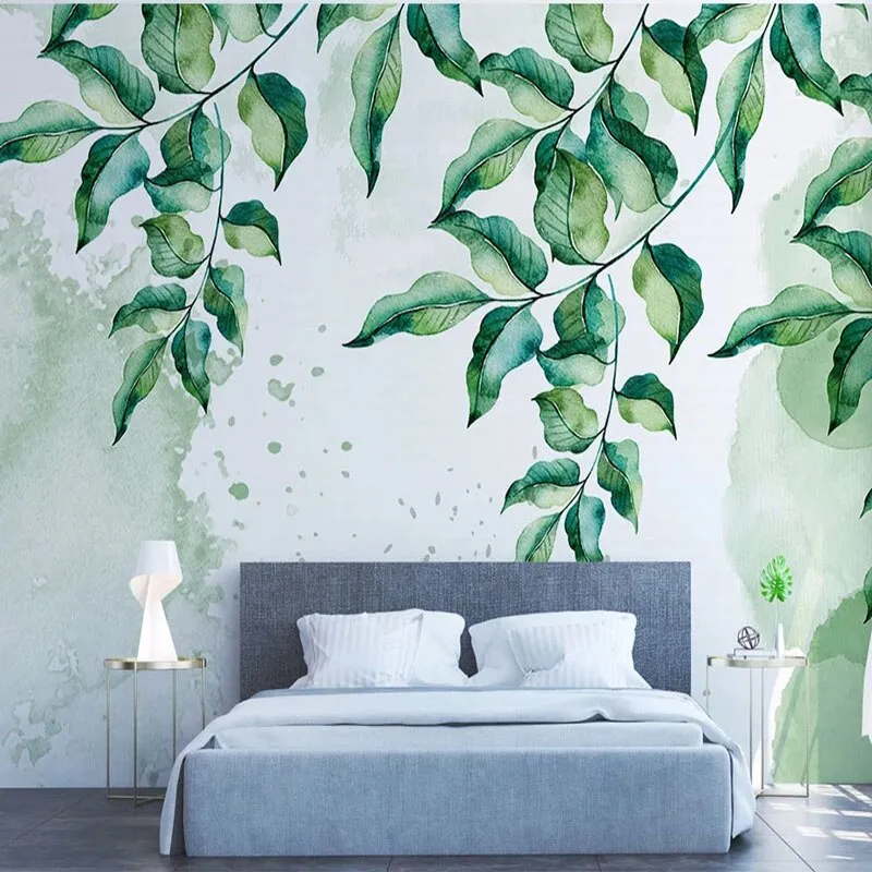 Custom Wallpaper Mural Hand Painted Watercolor Green Leaves (㎡)