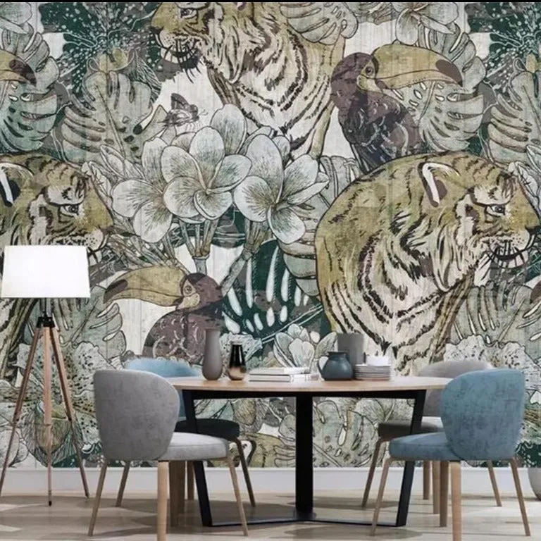 Custom Wallpaper Mural Retro Style Plant Tigers (㎡)