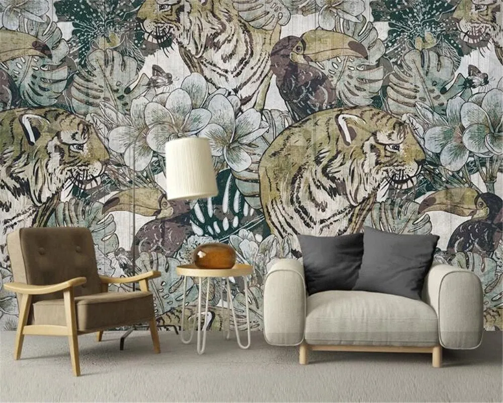 Custom Wallpaper Mural Retro Style Plant Tigers (㎡)