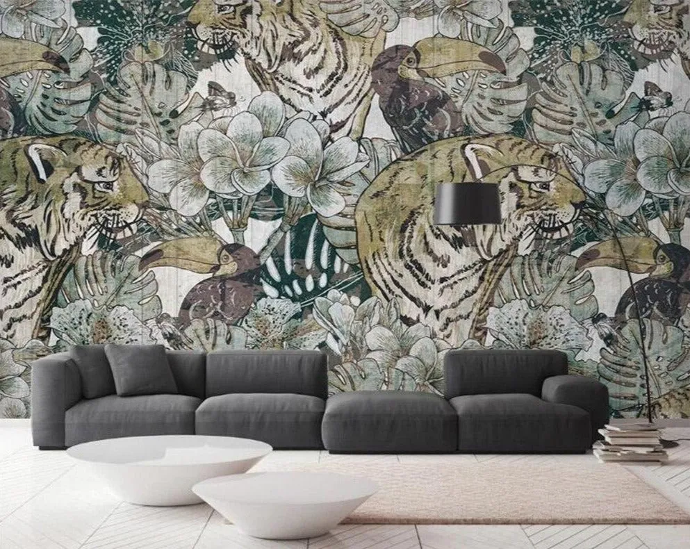 Custom Wallpaper Mural Retro Style Plant Tigers (㎡)