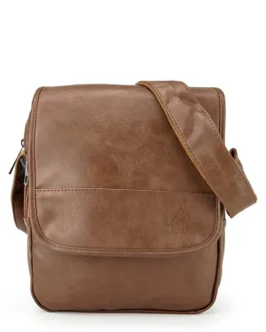 Distressed Leather Courier Crossbody Bag - Camel