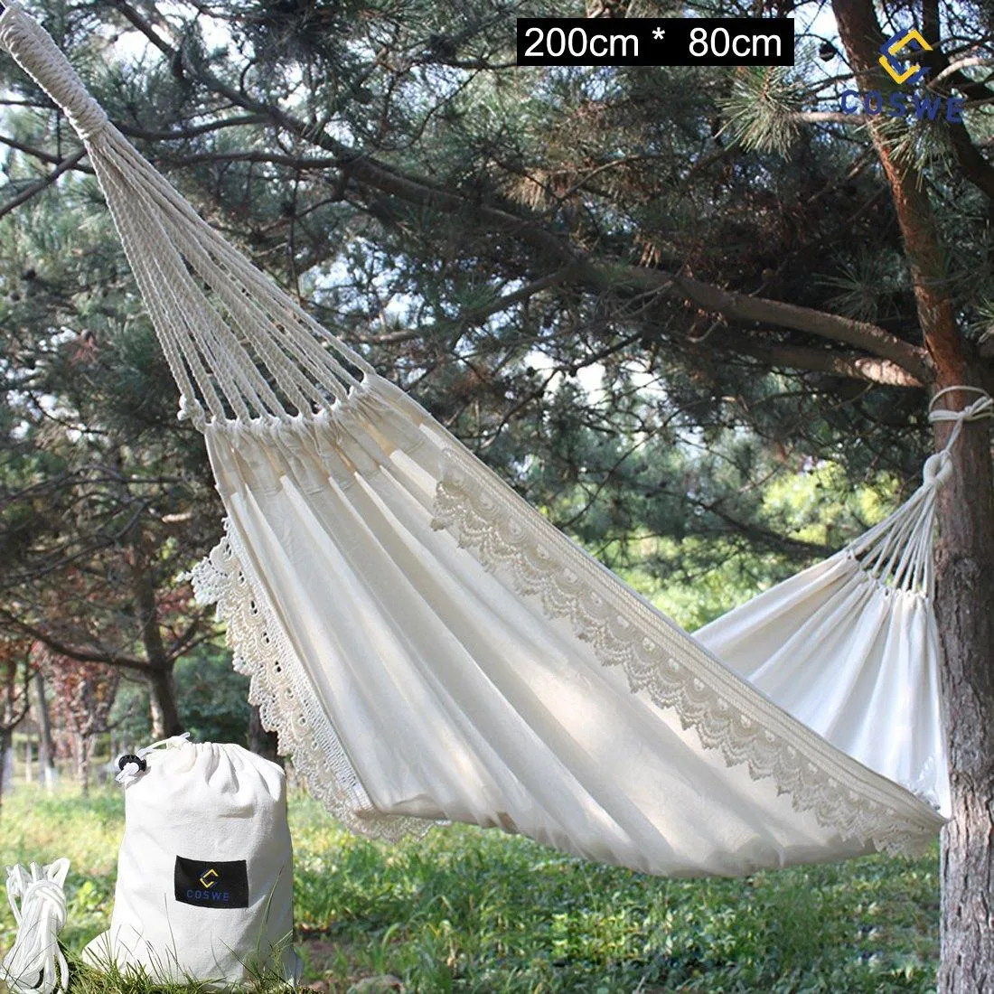 Double Bohemia Cotton Hammock Hanging Swing with Tassels for Trees