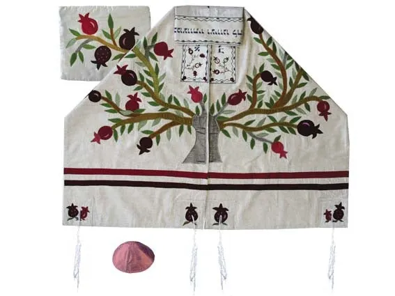 Embroidered Raw Silk Tallit Tree of life Pomegranates