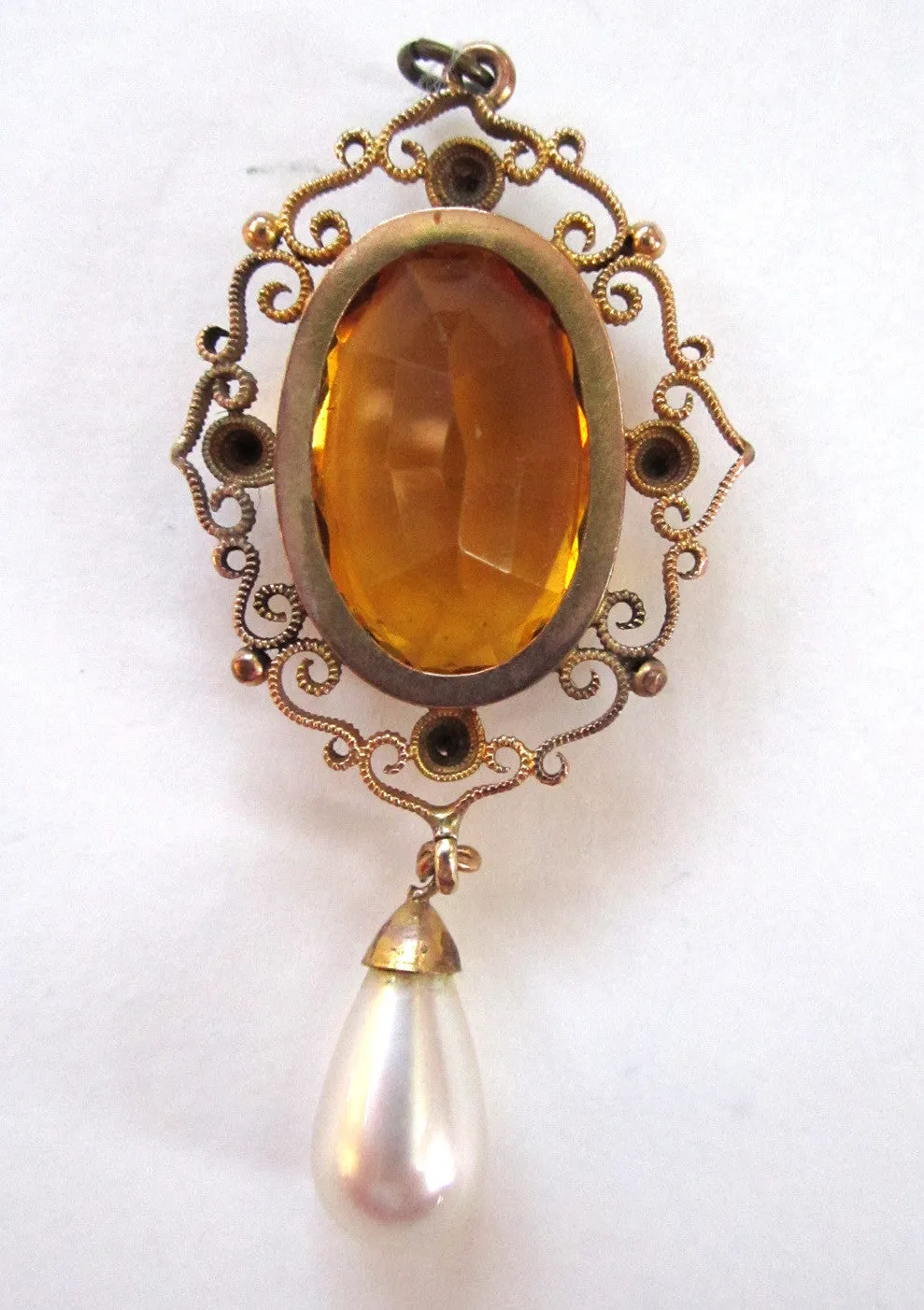 Filigree Glass Gold Rhinestone with Faux Pearl Drop Pendant