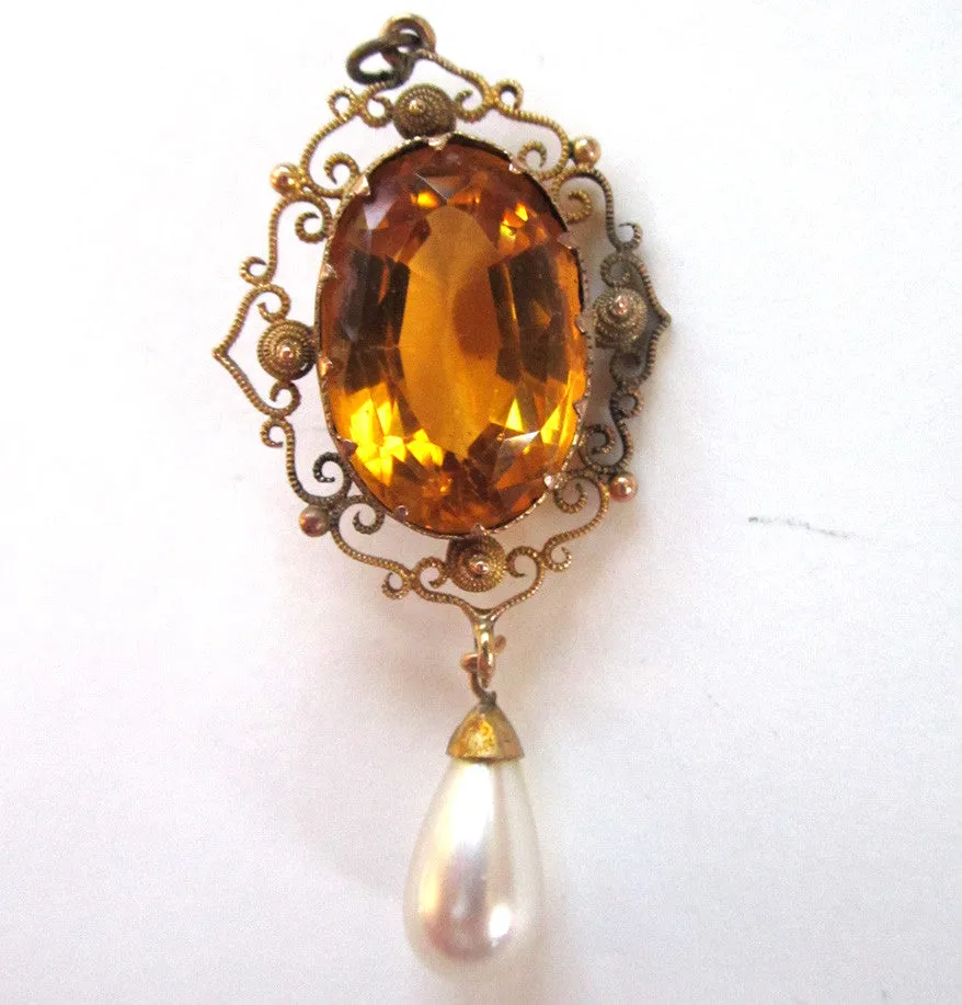 Filigree Glass Gold Rhinestone with Faux Pearl Drop Pendant