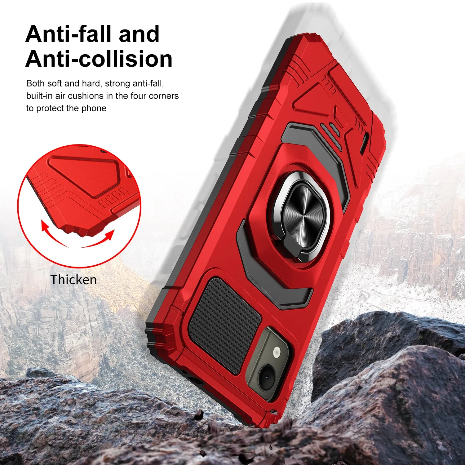 For Nokia C110 Case [Military Grade] Ring Car Mount Kickstand w/[Tempered Glass] Hybrid Hard PC Soft TPU Shockproof Protective Case - Red