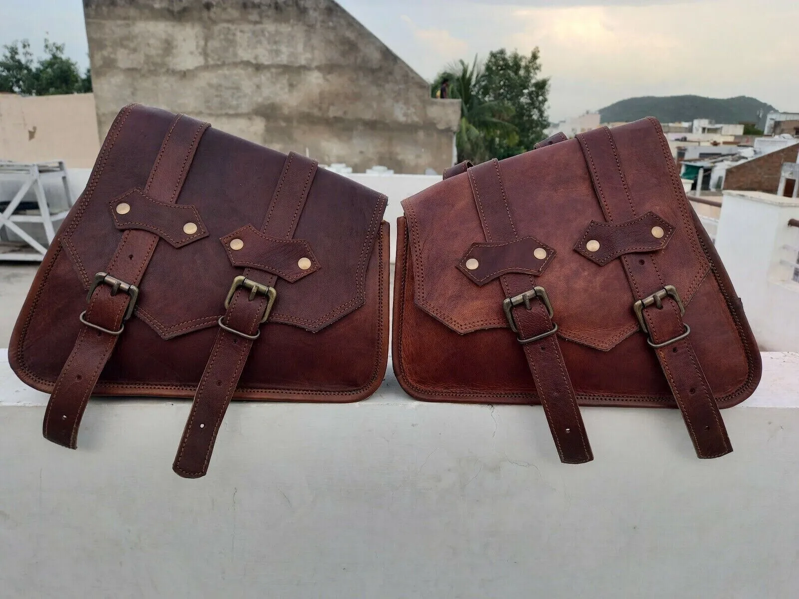 genuine brown leather 3 motorbike panniers