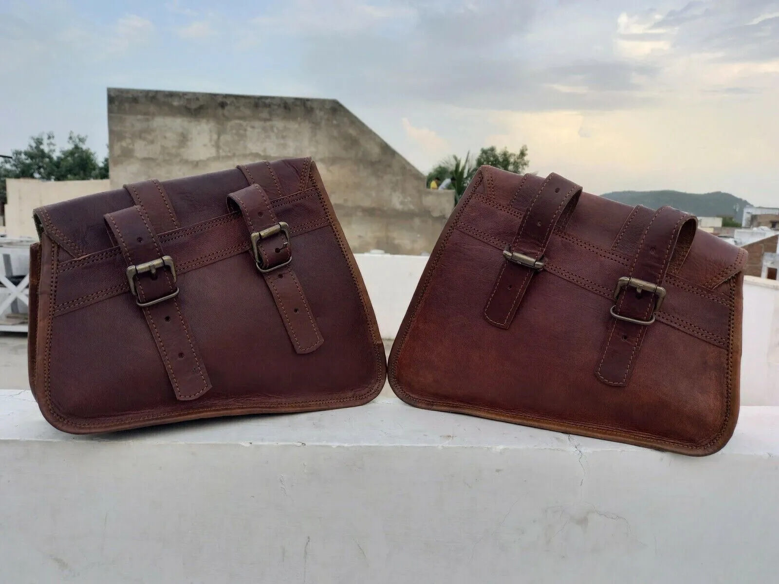 genuine brown leather 3 motorbike panniers