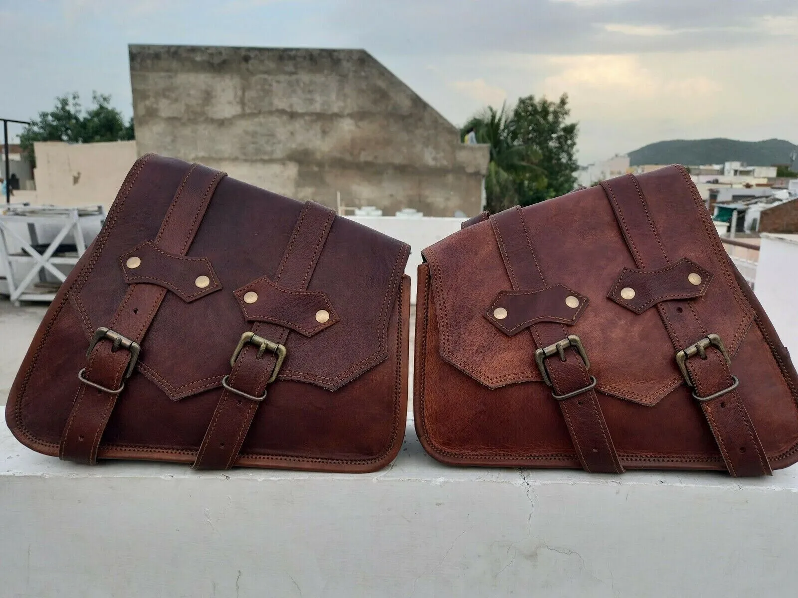 genuine brown leather 3 motorbike panniers