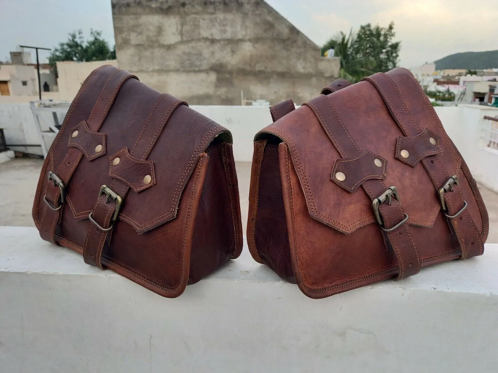 genuine brown leather 3 motorbike panniers