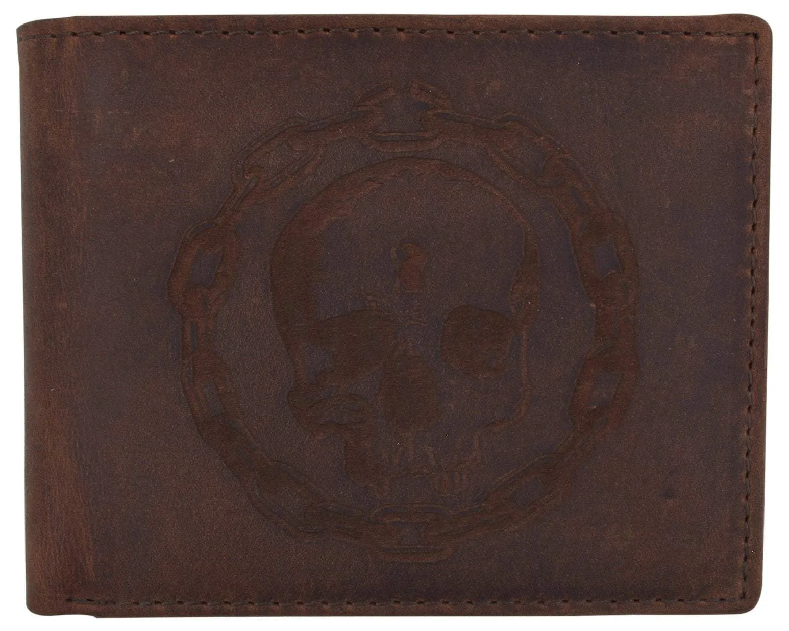 Genuine Leather RFID Chain Skull Printed Logo Credit Card ID Mens Bifold Wallet