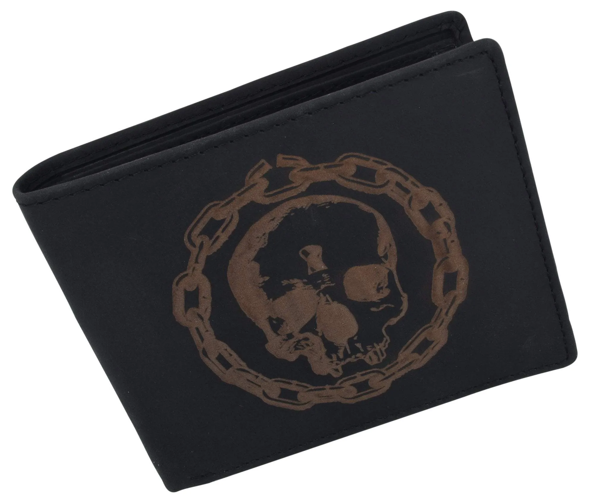 Genuine Leather RFID Chain Skull Printed Logo Credit Card ID Mens Bifold Wallet