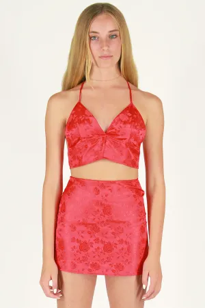 Halter Bralette - Red Satin with Roses