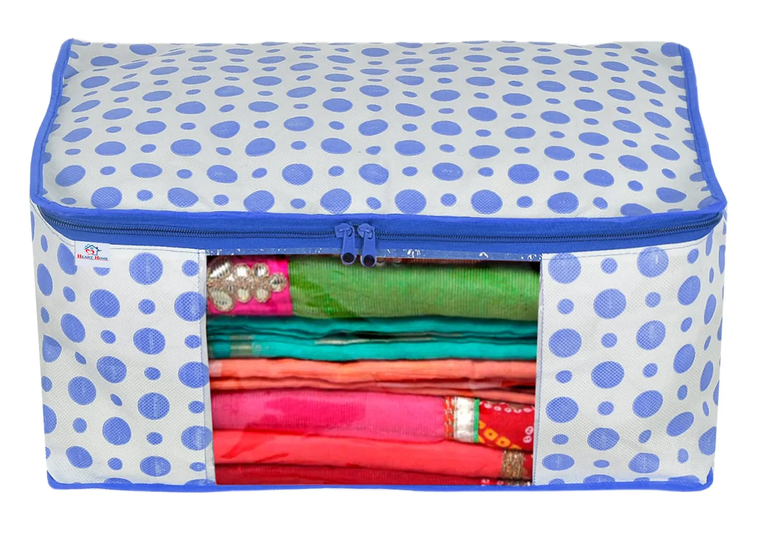 Heart Home Dot Printed Foldable, Lightweight Non-Woven Blouse & Saree Cover/Organizer Set With Tranasparent Window- Pack of 2 (Blue)-46HH0465