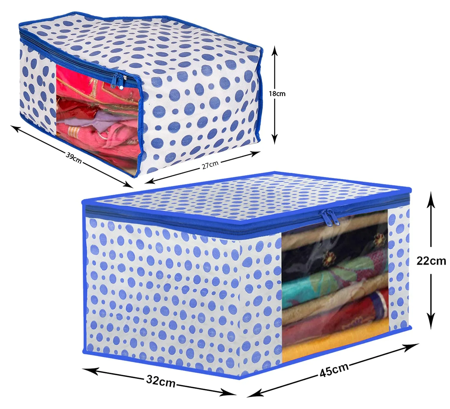 Heart Home Dot Printed Foldable, Lightweight Non-Woven Blouse & Saree Cover/Organizer Set With Tranasparent Window- Pack of 2 (Blue)-46HH0465