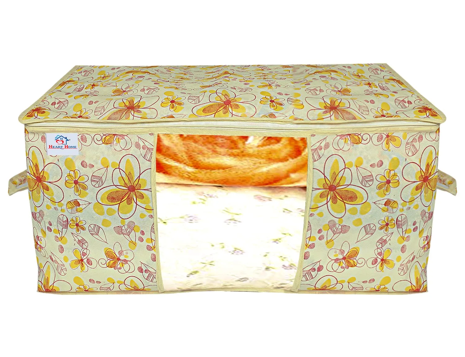 Heart Home Flower Design Non-woven Foldable Underbed/Storage Bag/Wardrobe Organizer With Transparent Window- Pack of 6 (Yellow)-44HH0519