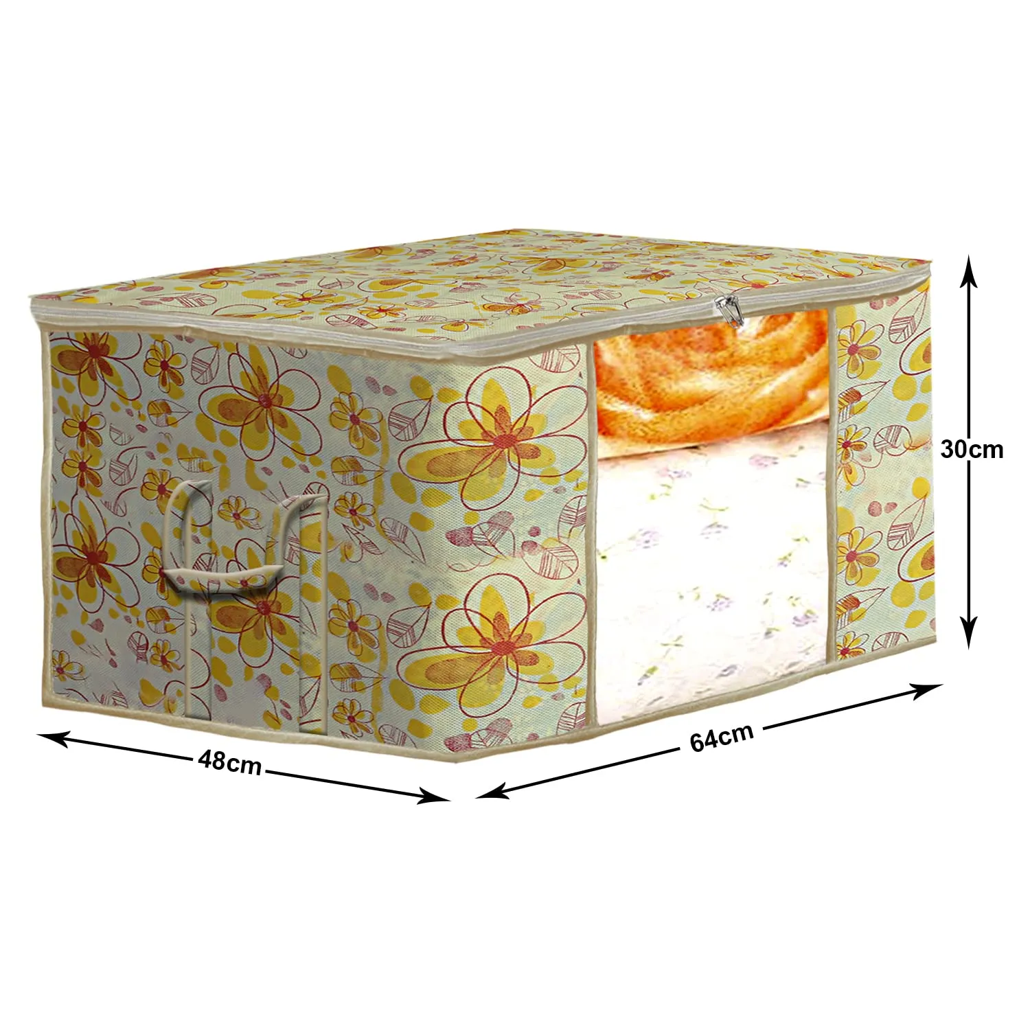 Heart Home Flower Design Non-woven Foldable Underbed/Storage Bag/Wardrobe Organizer With Transparent Window- Pack of 6 (Yellow)-44HH0519