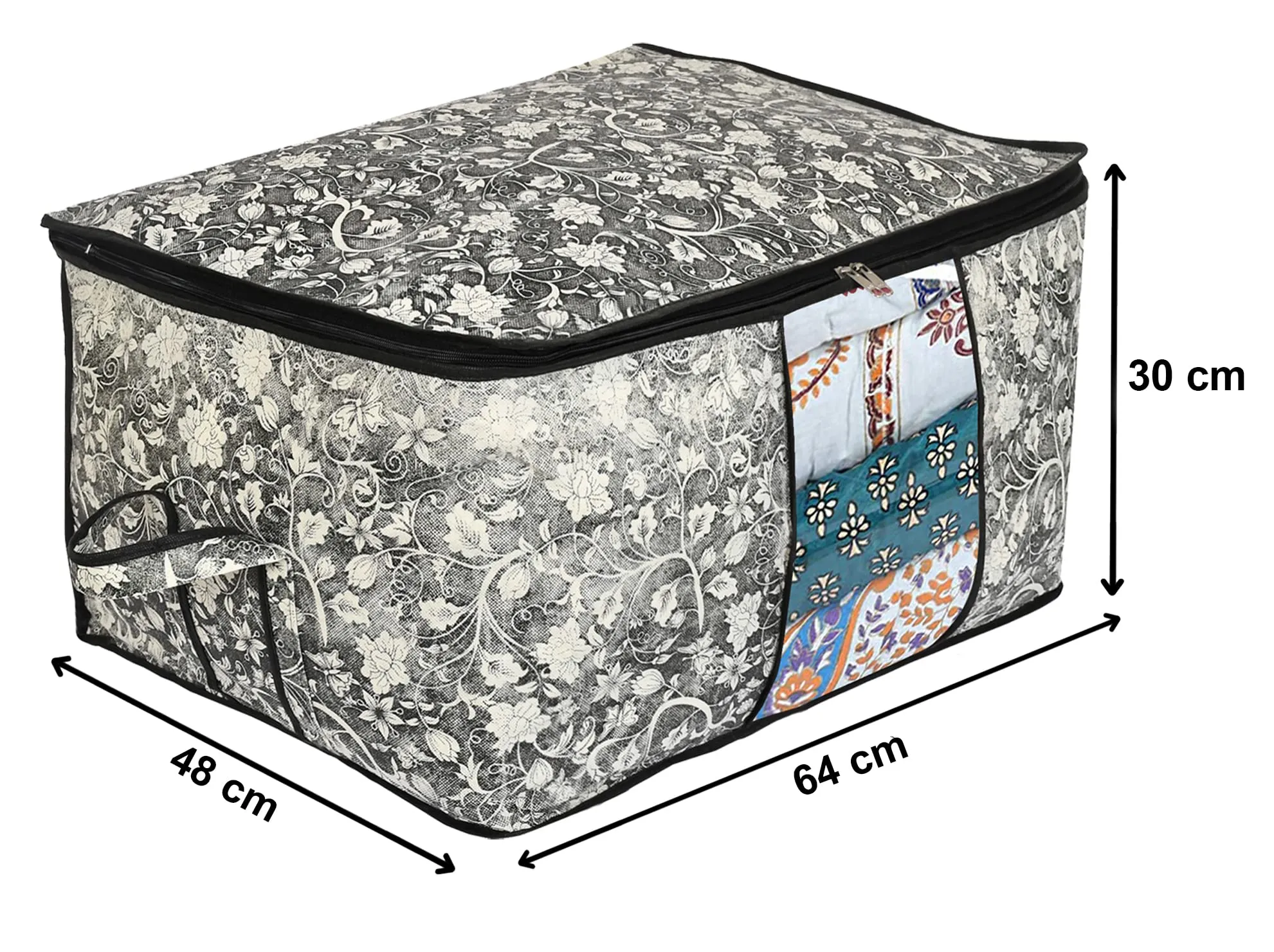 Heart Home Flower Design Non-woven Foldable Underbed/Storage Bag/Wardrobe Organizer With Transparent Window- Pack of 9 (Grey & Cream)-44HH0481