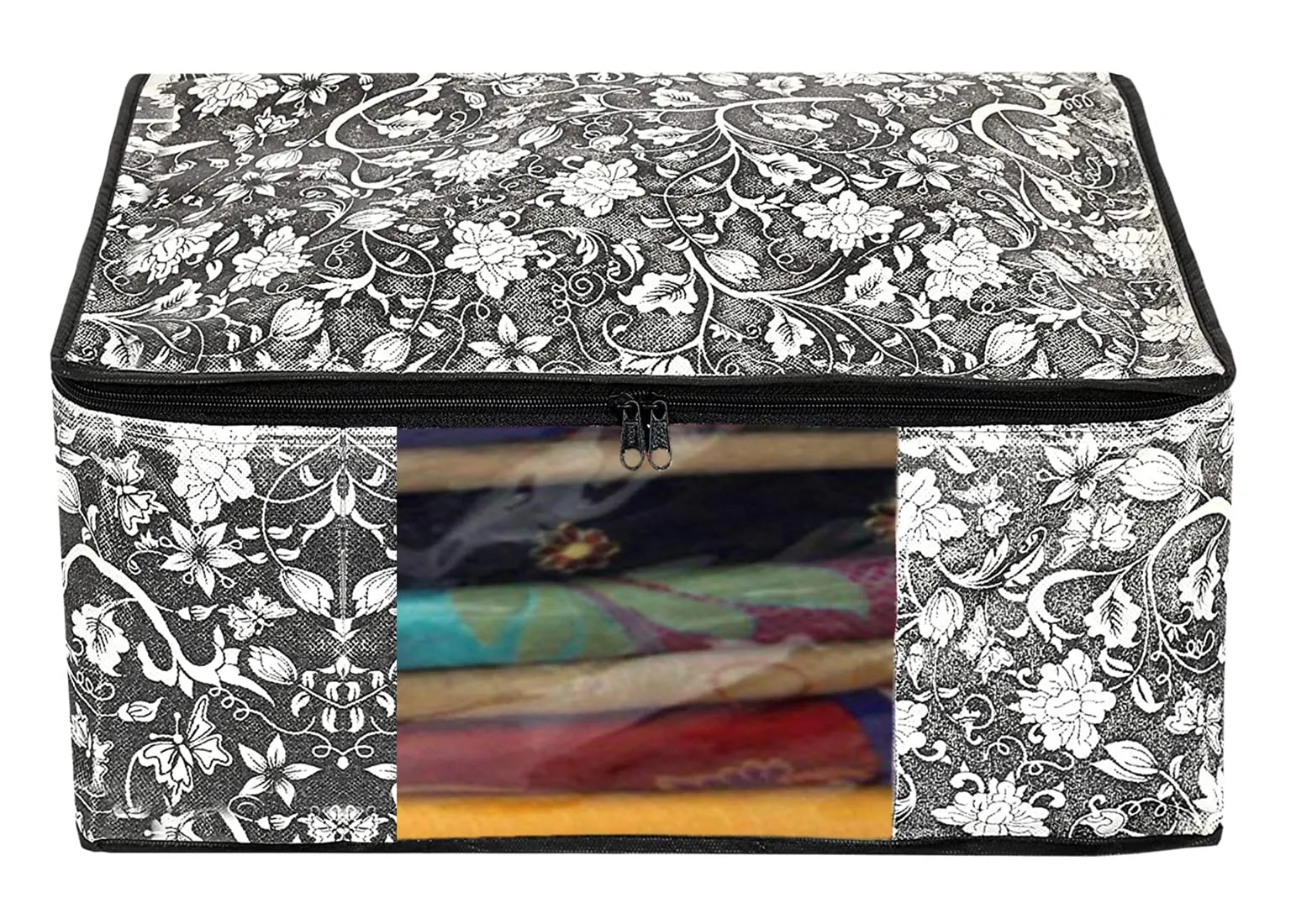 Heart Home Flower Design Non-woven Sarees, Clothes Cover/Organizer With Transparent Window- Pack of 9 (Grey & Cream)-44HH0358