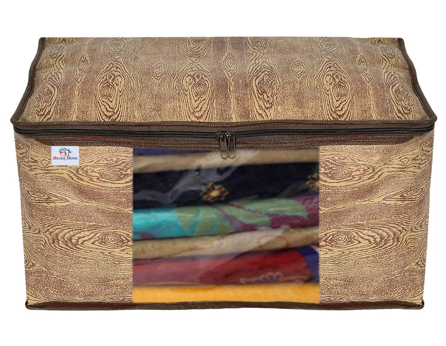 Heart Home Wooden Design Non-Woven Sarees, Clothes Cover/Organizer With Transparent Window- Pack of 9 (Brown)-44HH0390