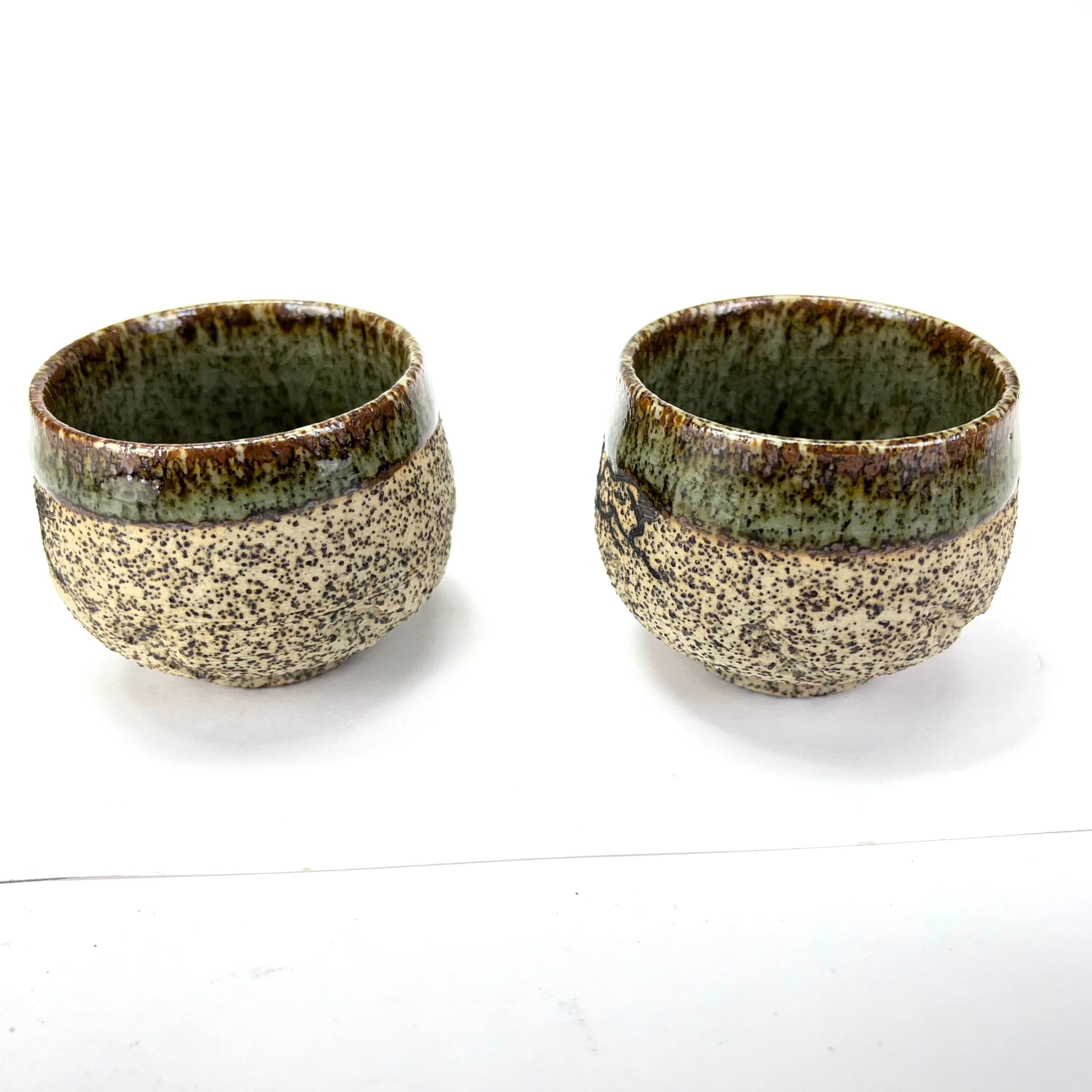 Japanese Set of Ceramic Sakazuki Sake Cup Green Glaze Rim 1” Tall