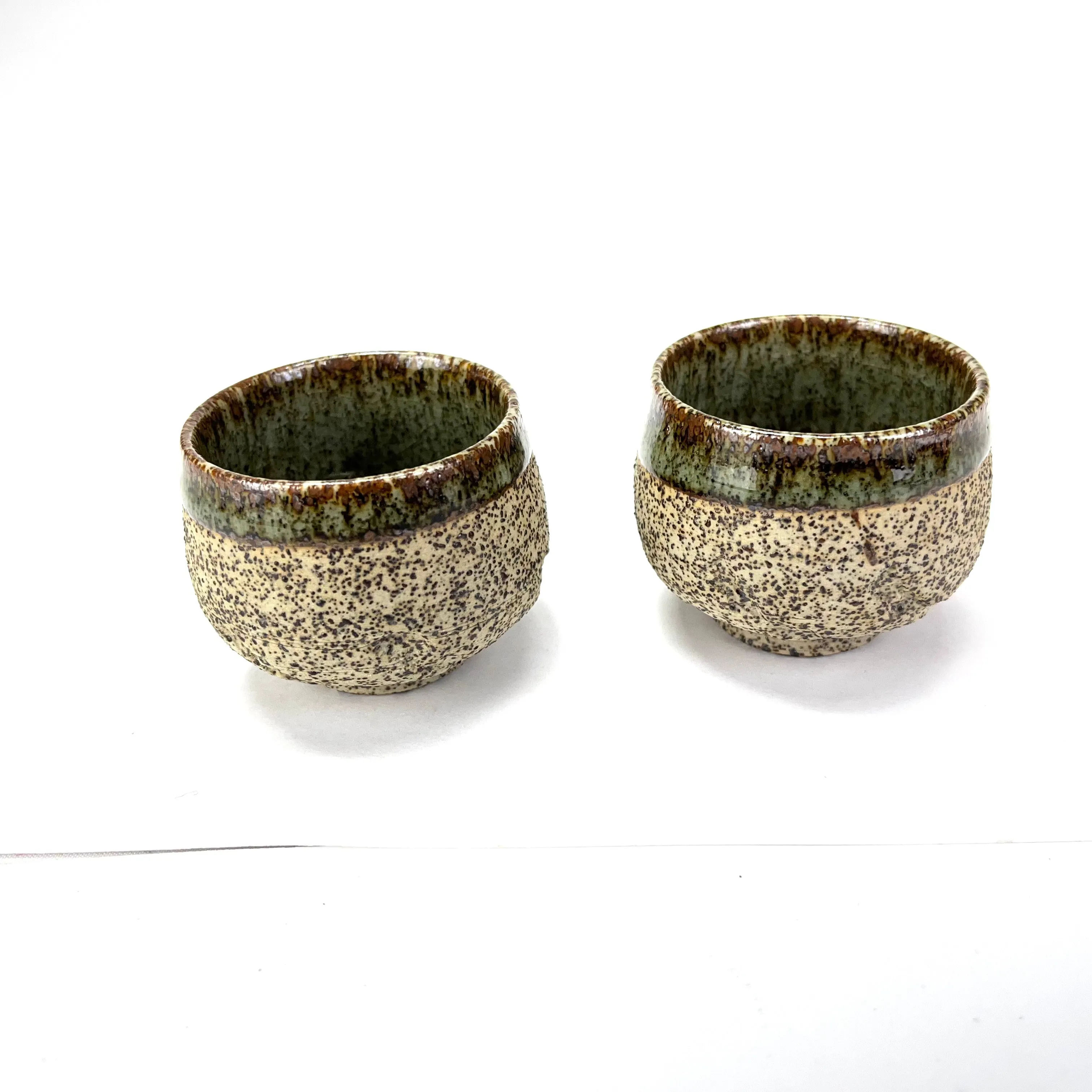 Japanese Set of Ceramic Sakazuki Sake Cup Green Glaze Rim 1” Tall