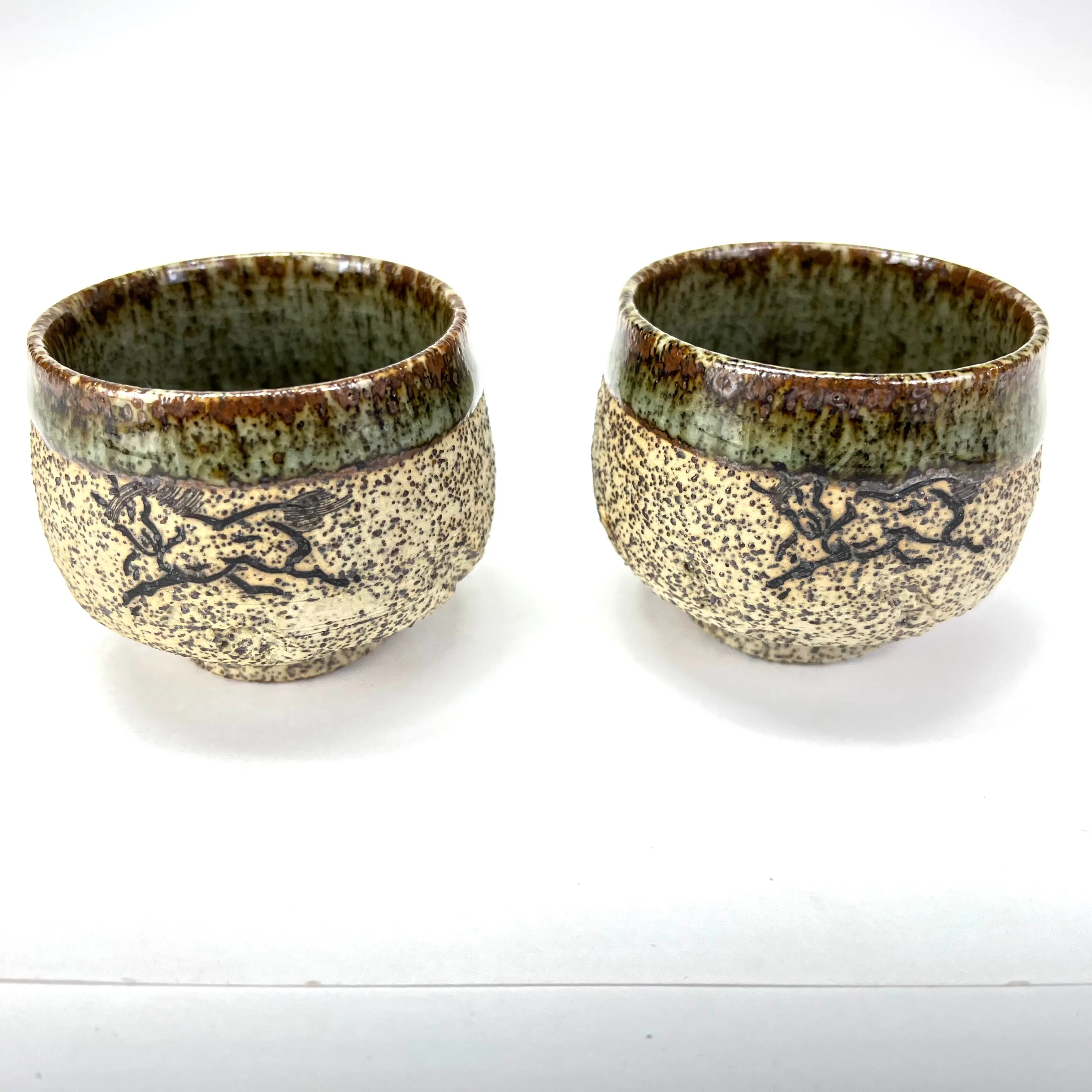 Japanese Set of Ceramic Sakazuki Sake Cup Green Glaze Rim 1” Tall