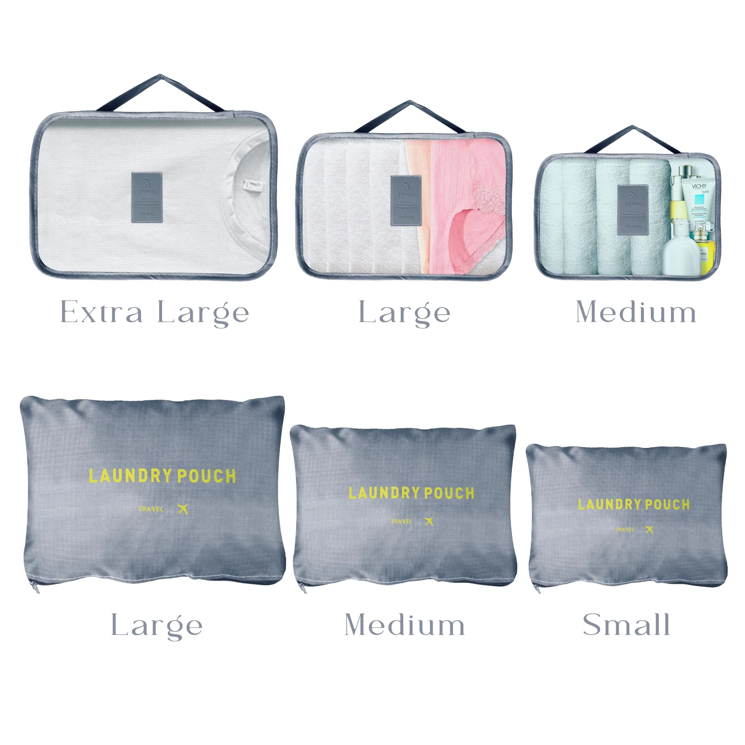 Kuber Industries 18 Pcs Travel Luggage Bag | Toiletry Bag for Jewellery-Watches-Bracelets | Multi-Purpose Storage Bag with Handle | Travel Utility Storage Pouches | LYN16-GRY | Grey | Pack of 3