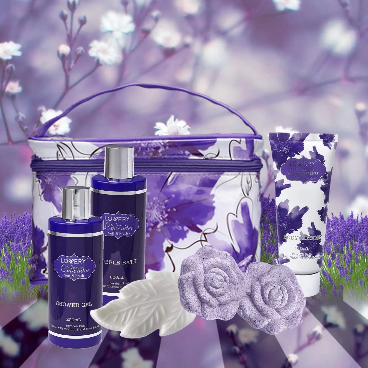 Lavender and Jasmine Bath Kit - 7Pc Toiletry Bag Set