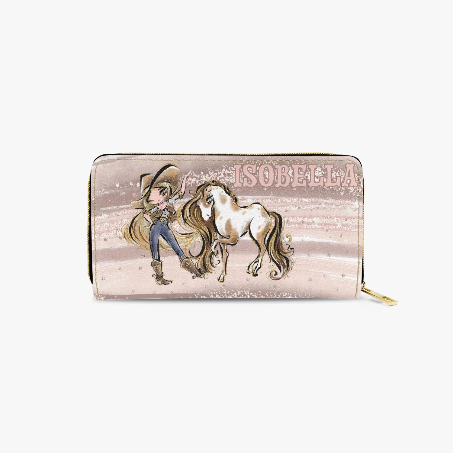 Long Type Zipper Purse, Howdy, Cowgirl & Horse, Blonde Hair Brown Eyes, Personalised