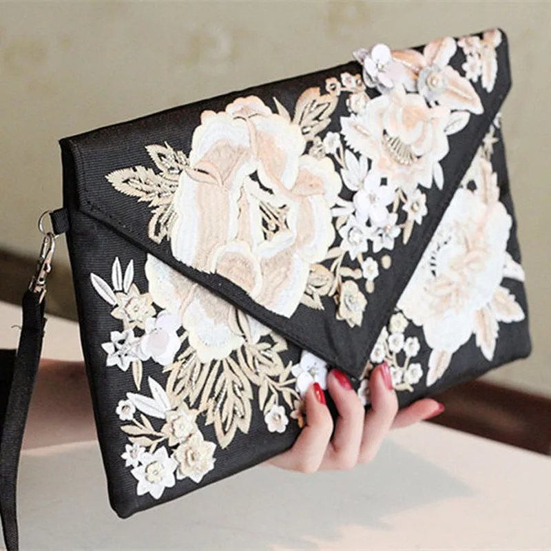 Luxurious Flower Embroidered Envelope Clutch