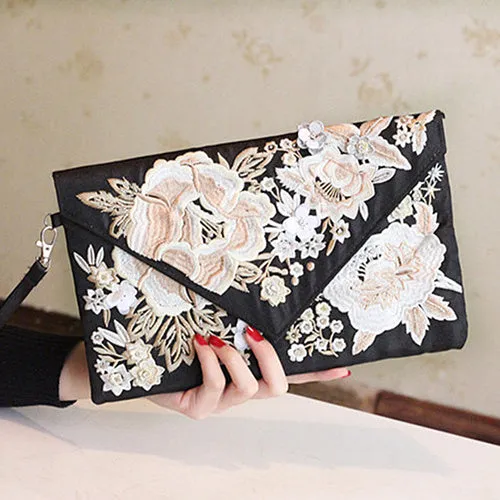 Luxurious Flower Embroidered Envelope Clutch