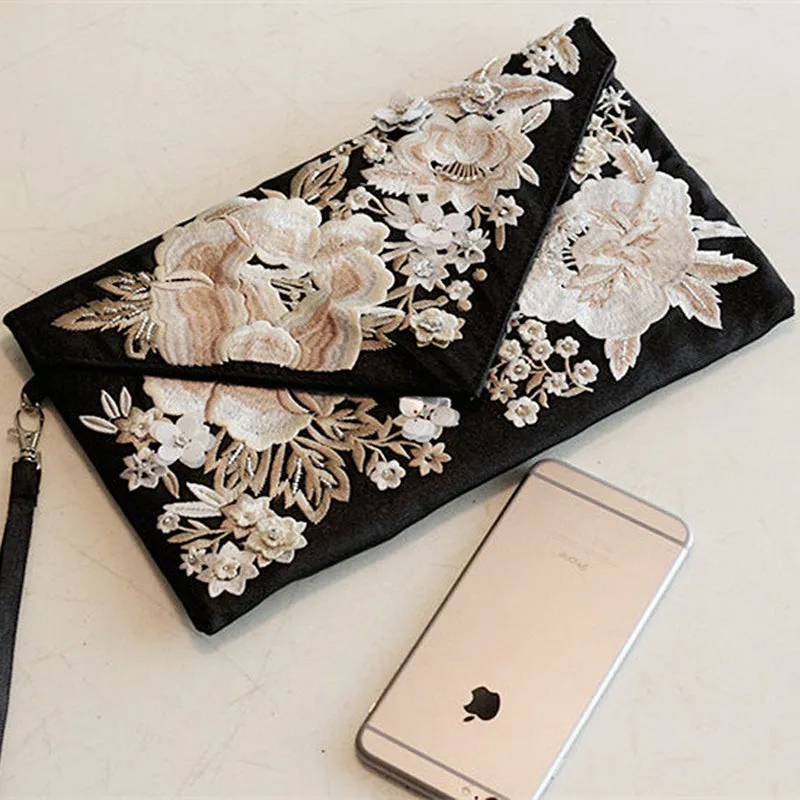 Luxurious Flower Embroidered Envelope Clutch