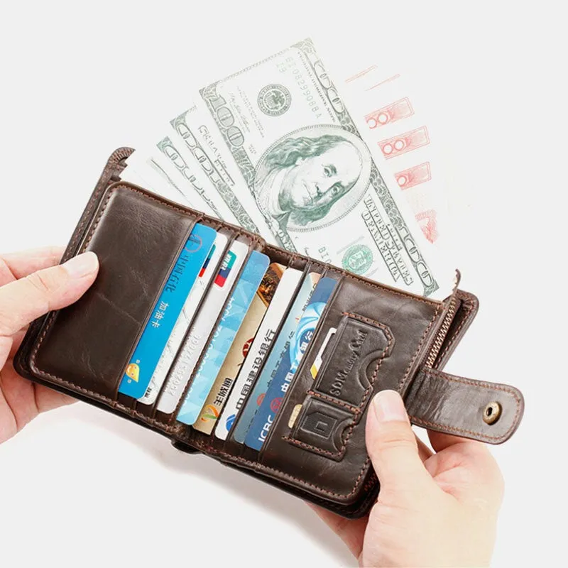 Men Genuine Leather Multi-card Slot Anti-theft RFID Card Holder Zipper Chain Wallet